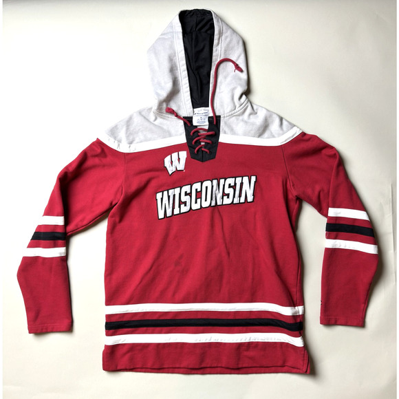 Wisconsin Badgers Hockey Hoodie Mens XL Red White NCAA College Champion Pullover - Picture 1 of 12